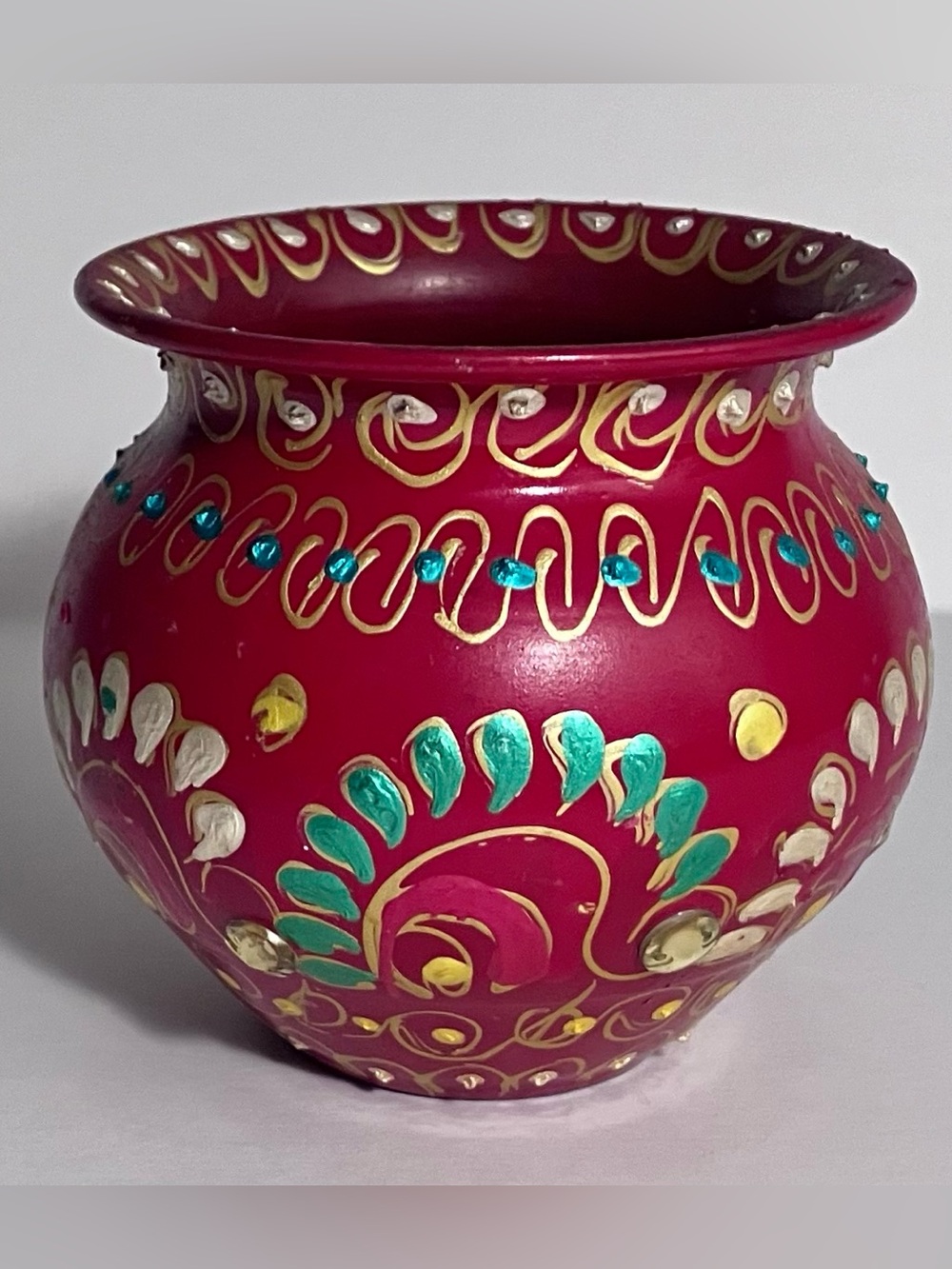 Vintage INDIA KALASH / Hand-Painted Metal / CEREMONIAL Hindu Pot / LIGHT WEAR